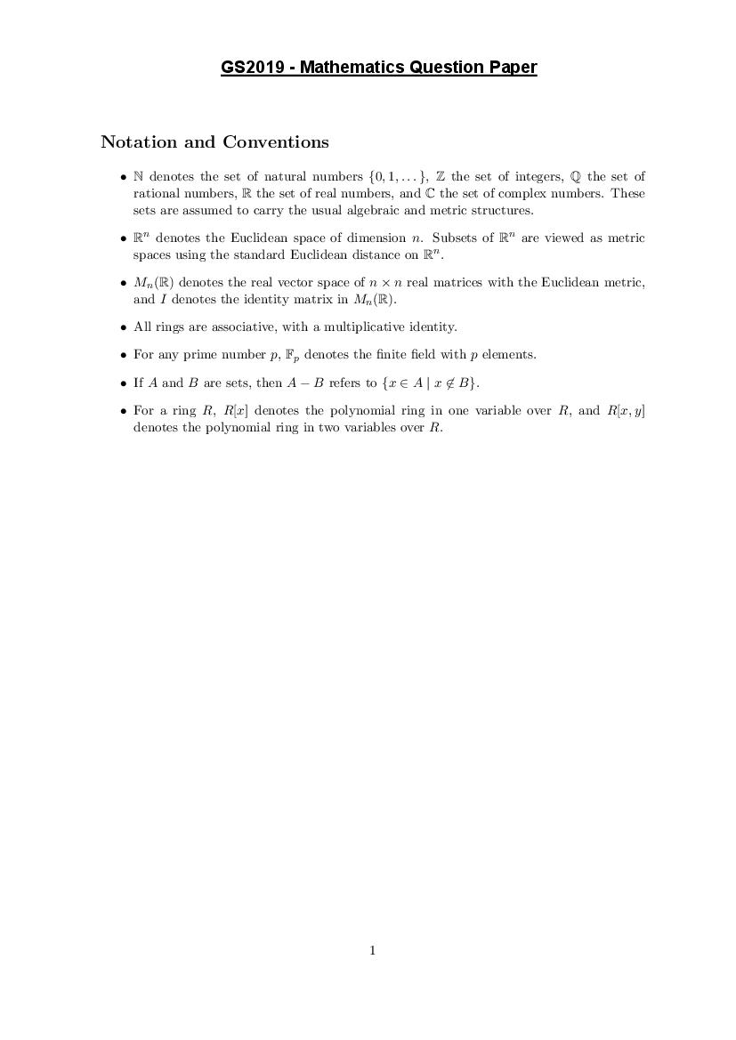 TIFR GS 2019 Question Paper Mathematics - Page 1