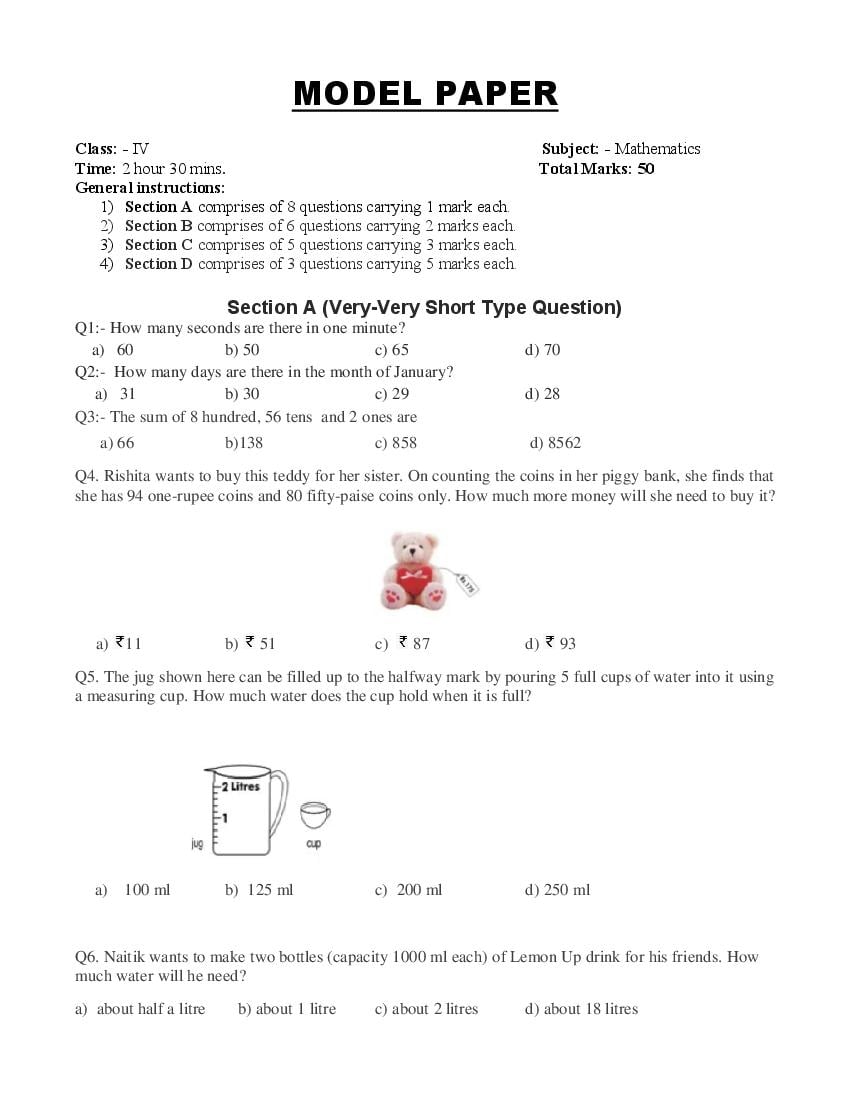 JKBOSE 4th Class Model Paper 2024 Maths - Page 1