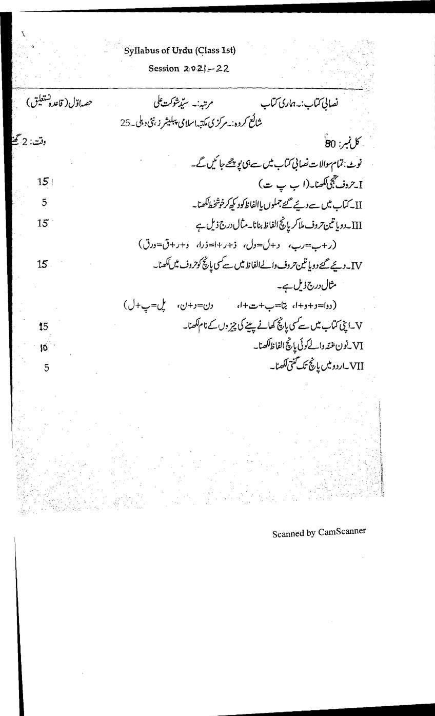 PSEB Syllabus 2021-22 for Class 1 Urdu - Page 1