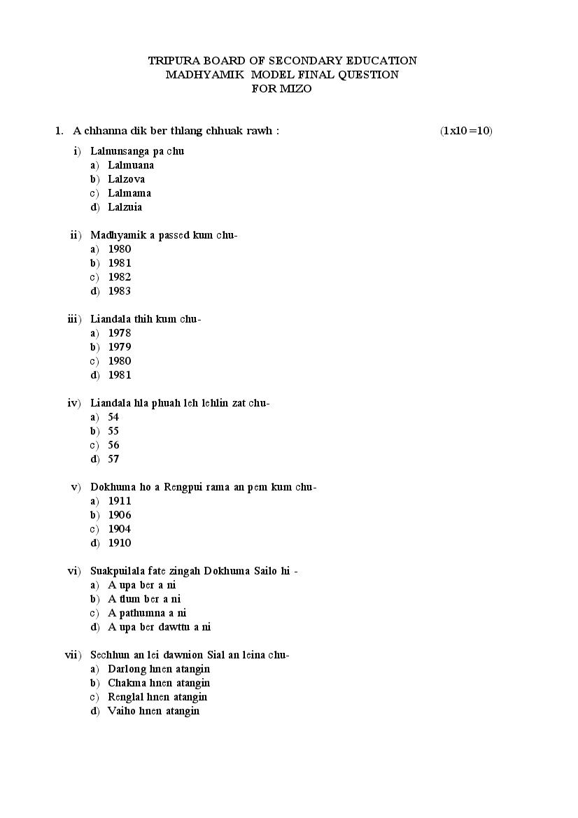 TBSE Class 10 Sample Paper 2022  Mizo Term 2 - Page 1 of 3