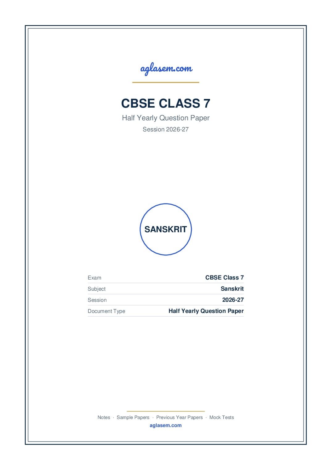 Class 7 Half Yearly Question Paper 2026-27 Sanskrit - Page 1 of 9