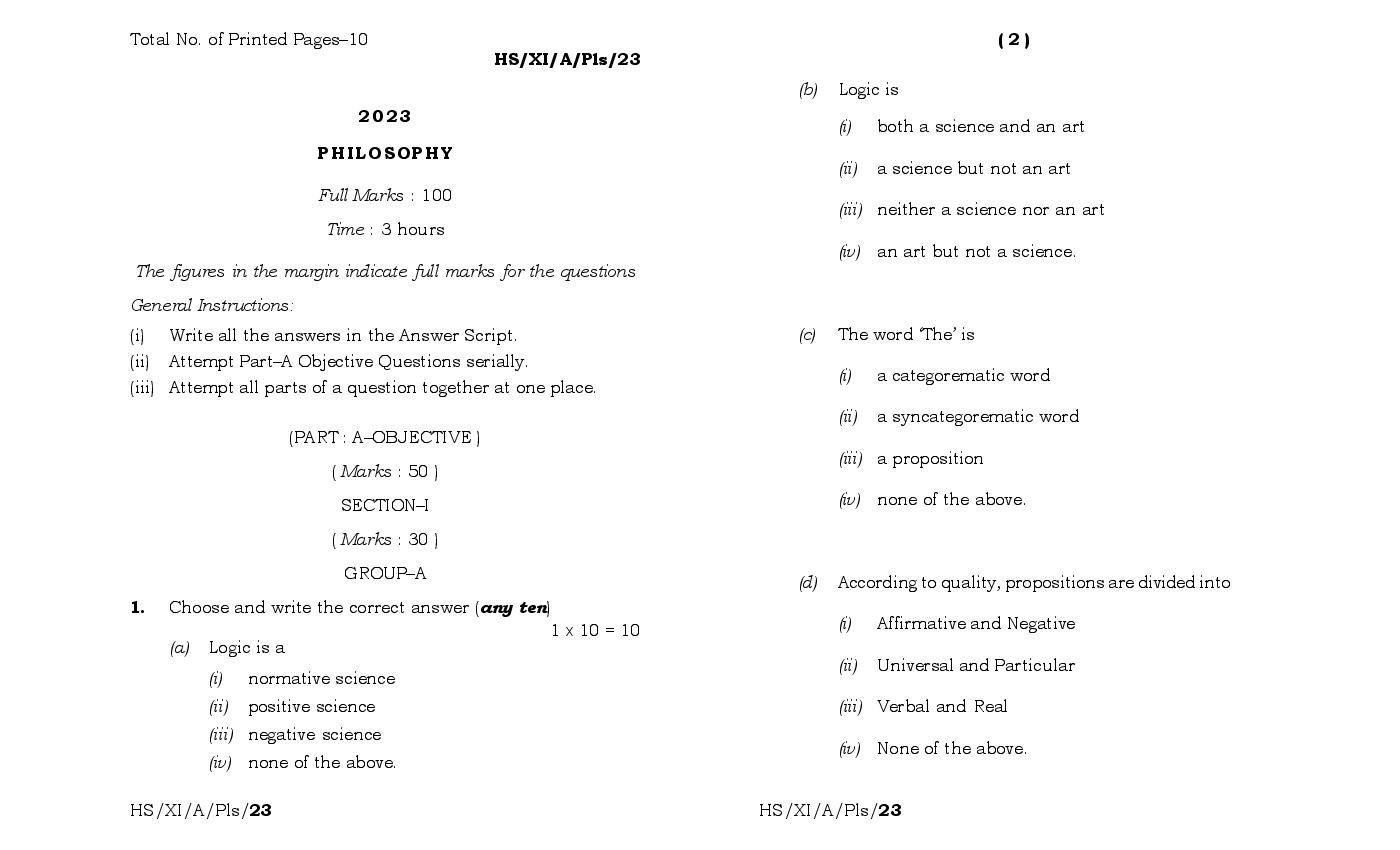 MBOSE Class 11 Question Paper 2023 for Philosophy - Page 1