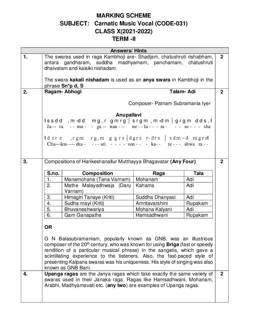 CBSE Class 10 Marking Scheme 2022 for Carnatic Music Vocal Term 2 - Page 1