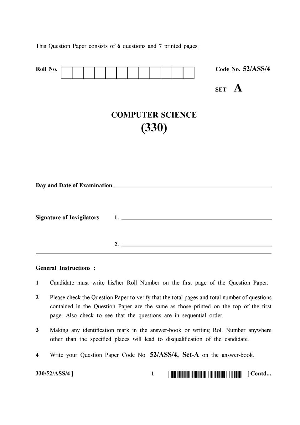 NIOS Class 12 Question Paper Apr 2016 - Computer Science - Page 1