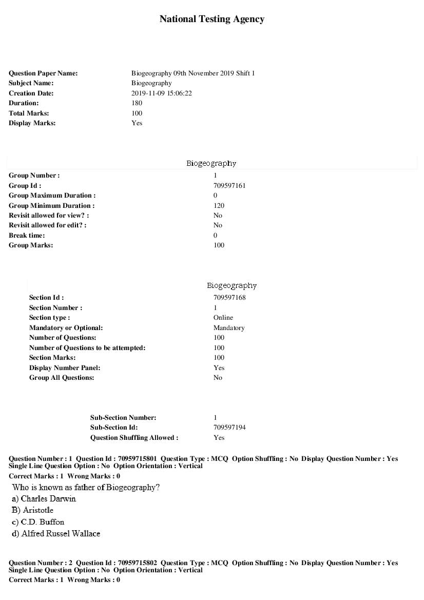 SWAYAM 2019 Question Paper Biogeography - Page 1 of 19