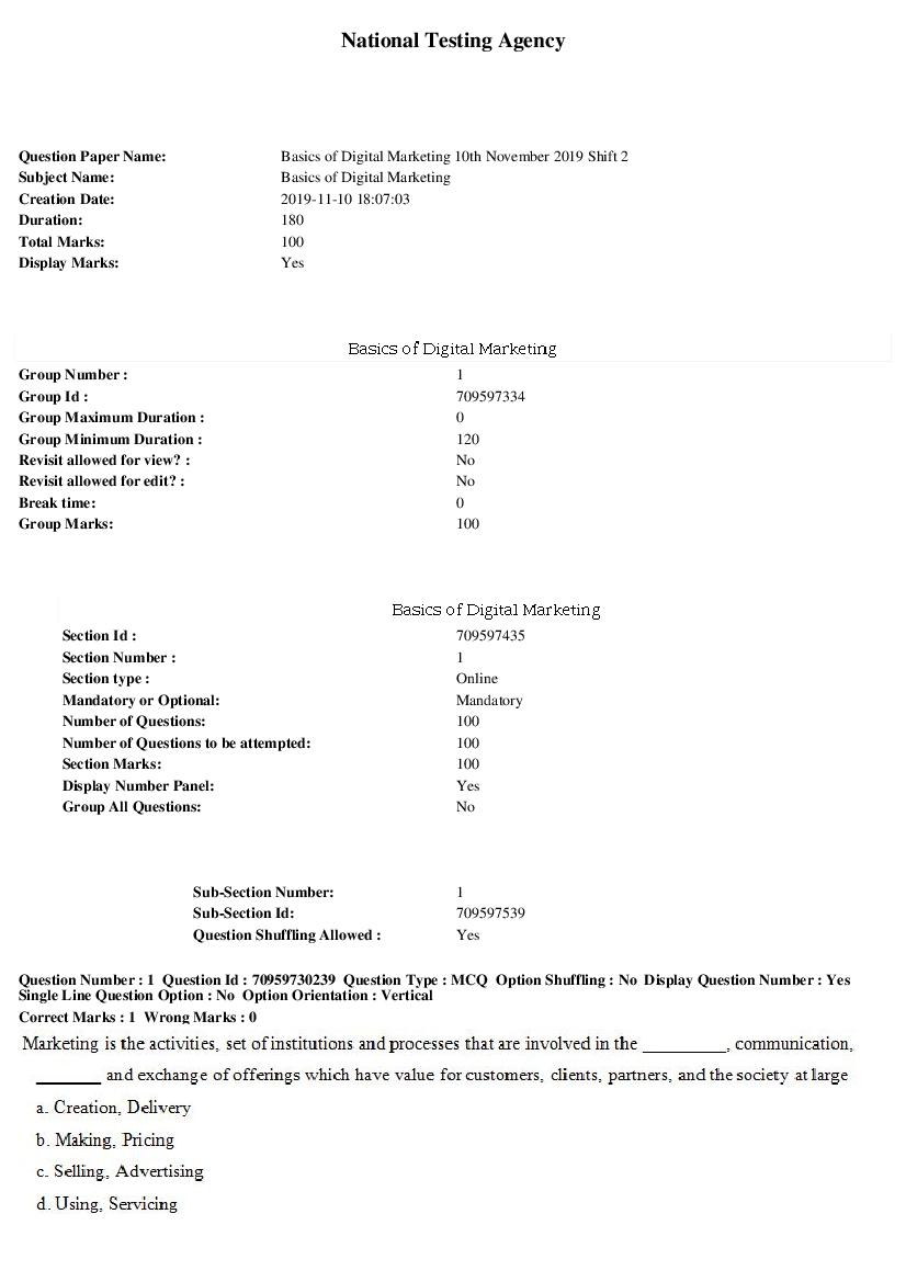 SWAYAM 2019 Question Paper Basics of Digital Marketing - Page 1 of 25
