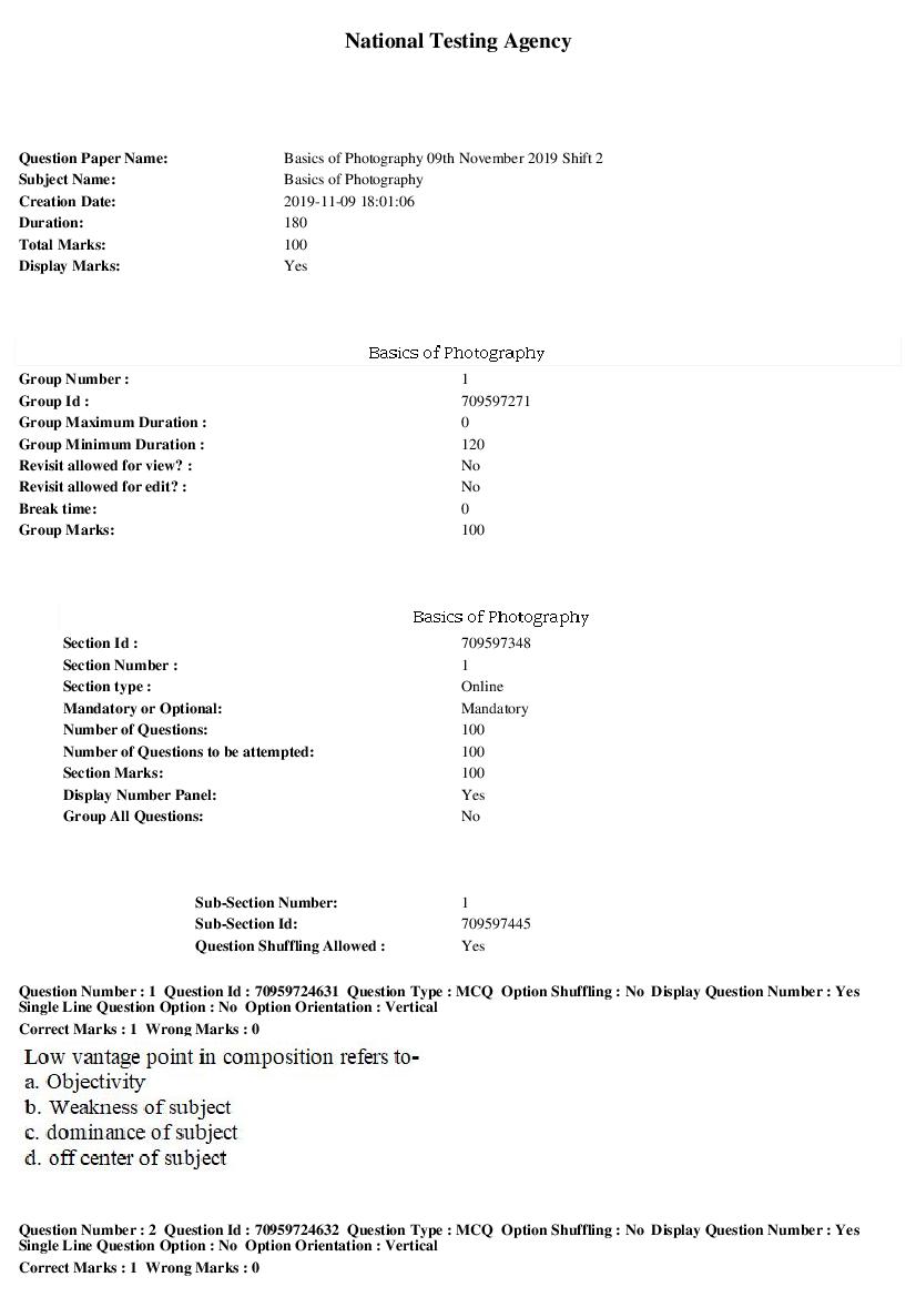 SWAYAM 2019 Question Paper Basics of Photography - Page 1 of 18