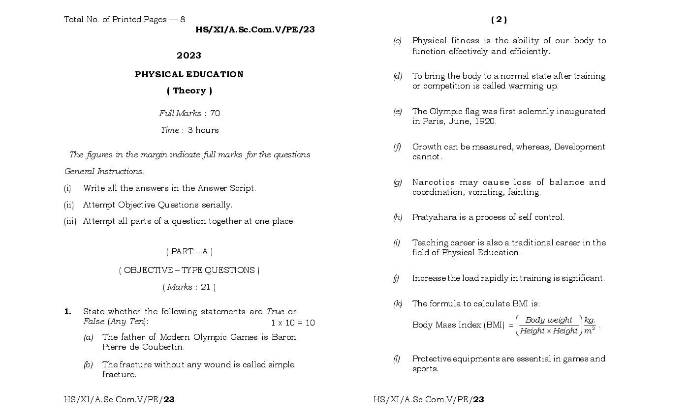 MBOSE Class 11 Question Paper 2023 for Physical Education - Page 1