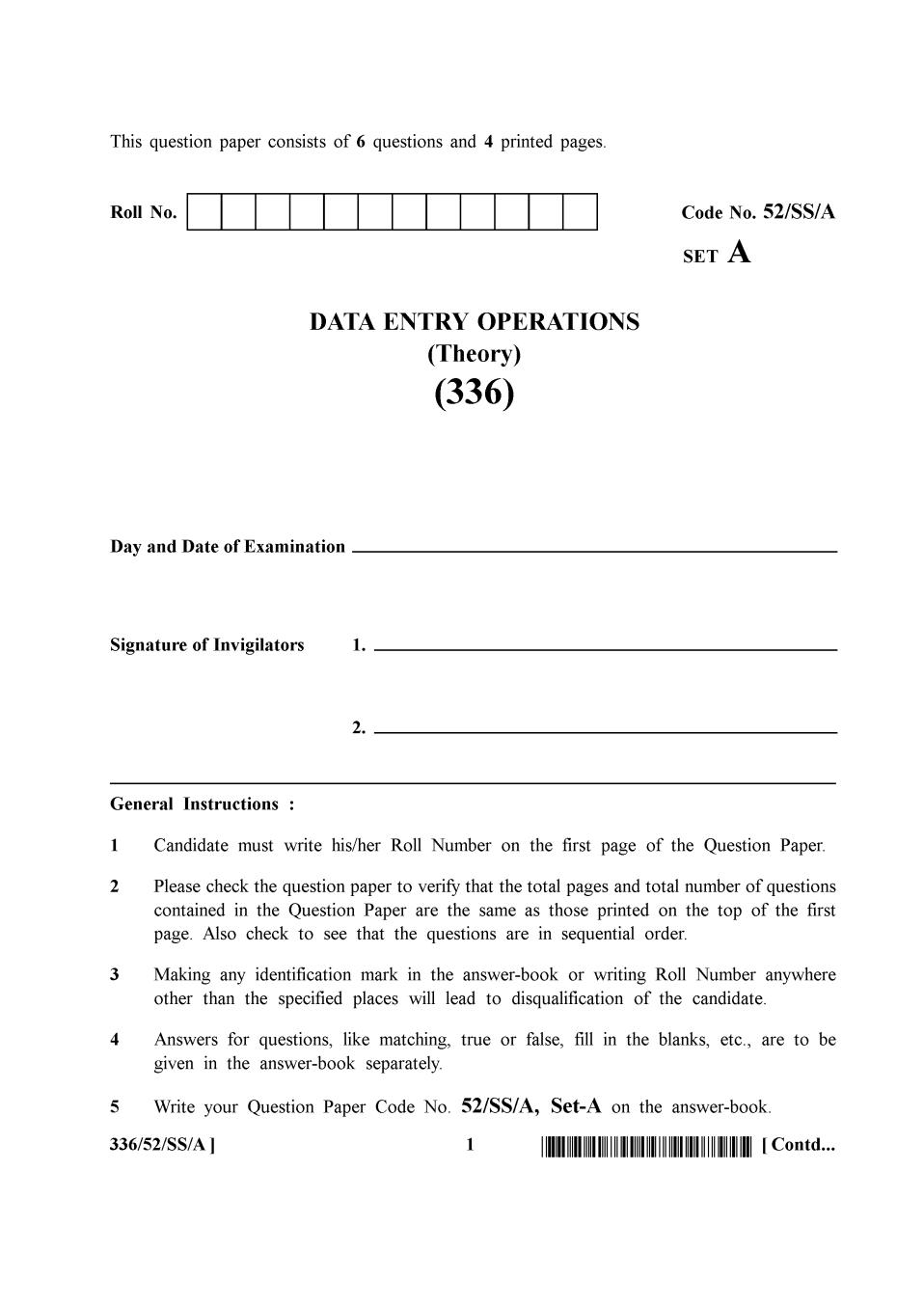 NIOS Class 12 Question Paper Apr 2016 - Data Entry Operations - Page 1