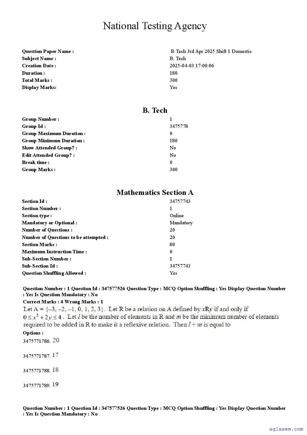JEE Main 2025 Question Paper (B.Tech) - 3 Apr Shift 1 - Page 1 of 63