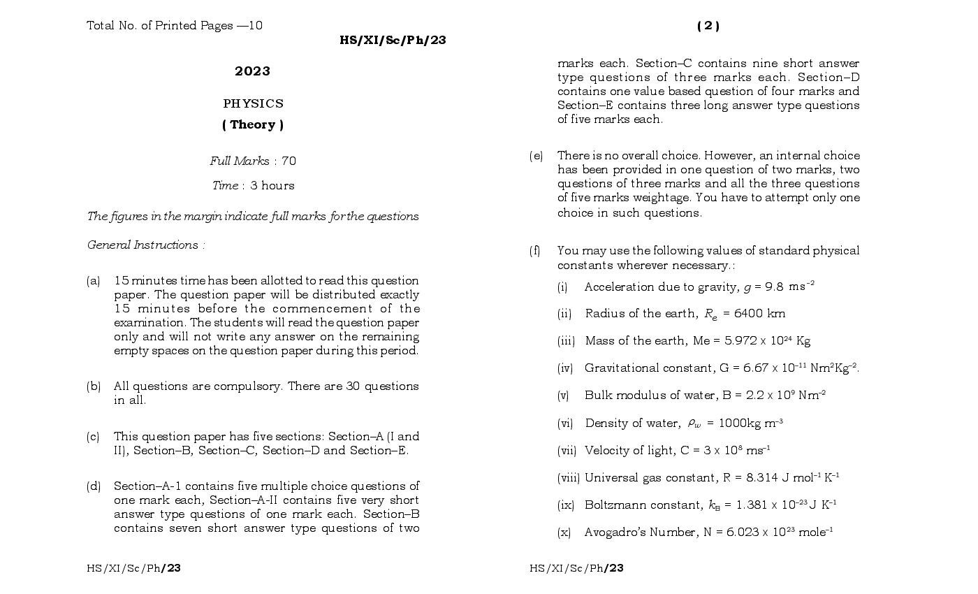 MBOSE Class 11 Question Paper 2023 for Physics - Page 1