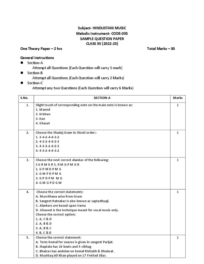 CBSE Class 12 Sample Paper 2023 Hindustani Music Melodic Instruments - Page 1