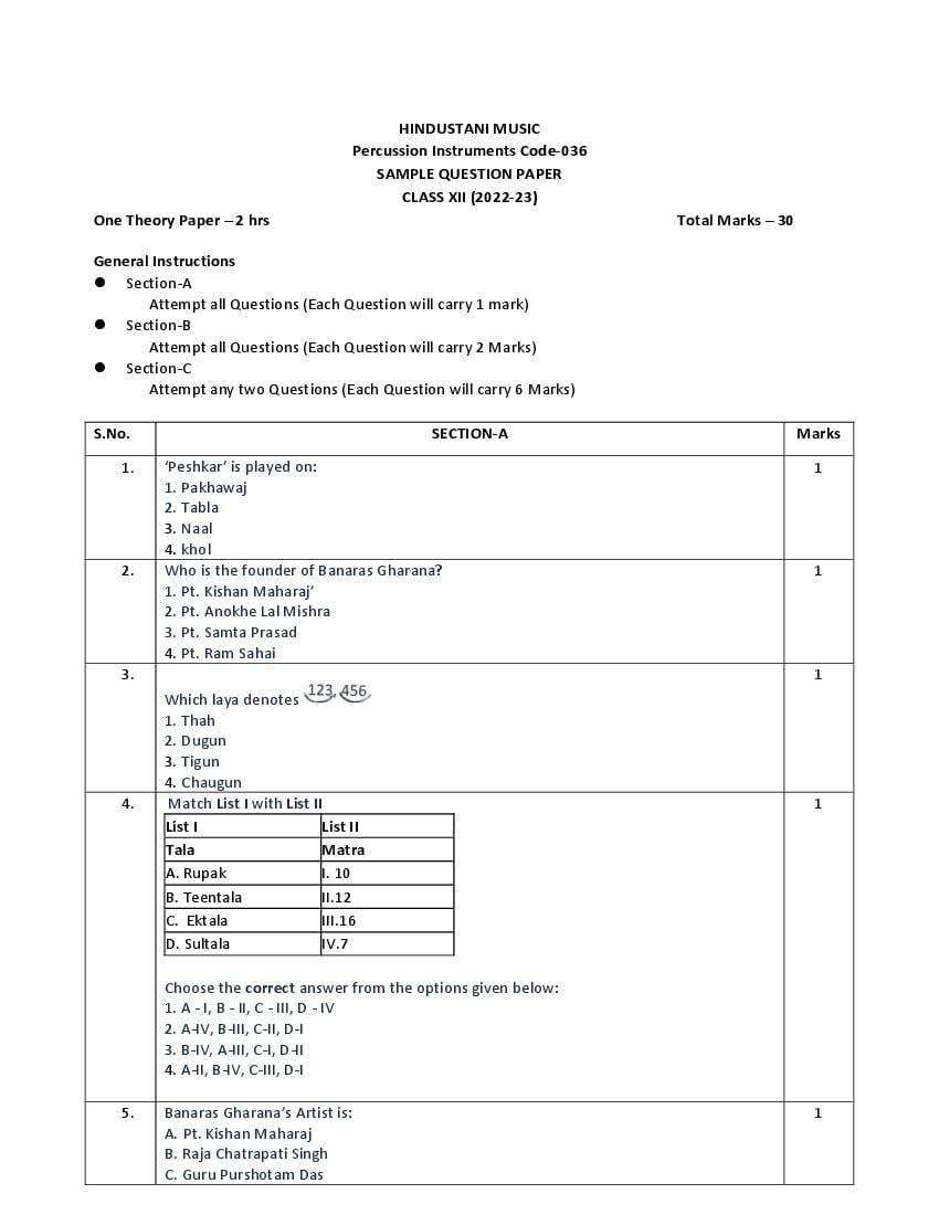 CBSE Class 12 Sample Paper 2023 Hindustani Music Percussion - Page 1