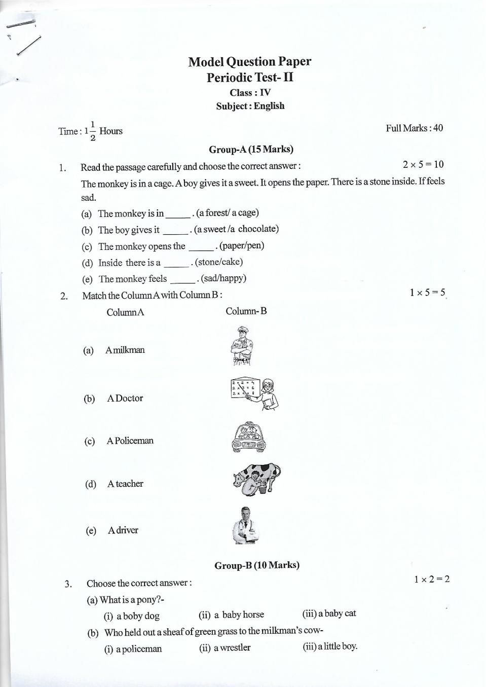 Tripura Board Model Question Paper for Class 4 Annual Exam - Page 1