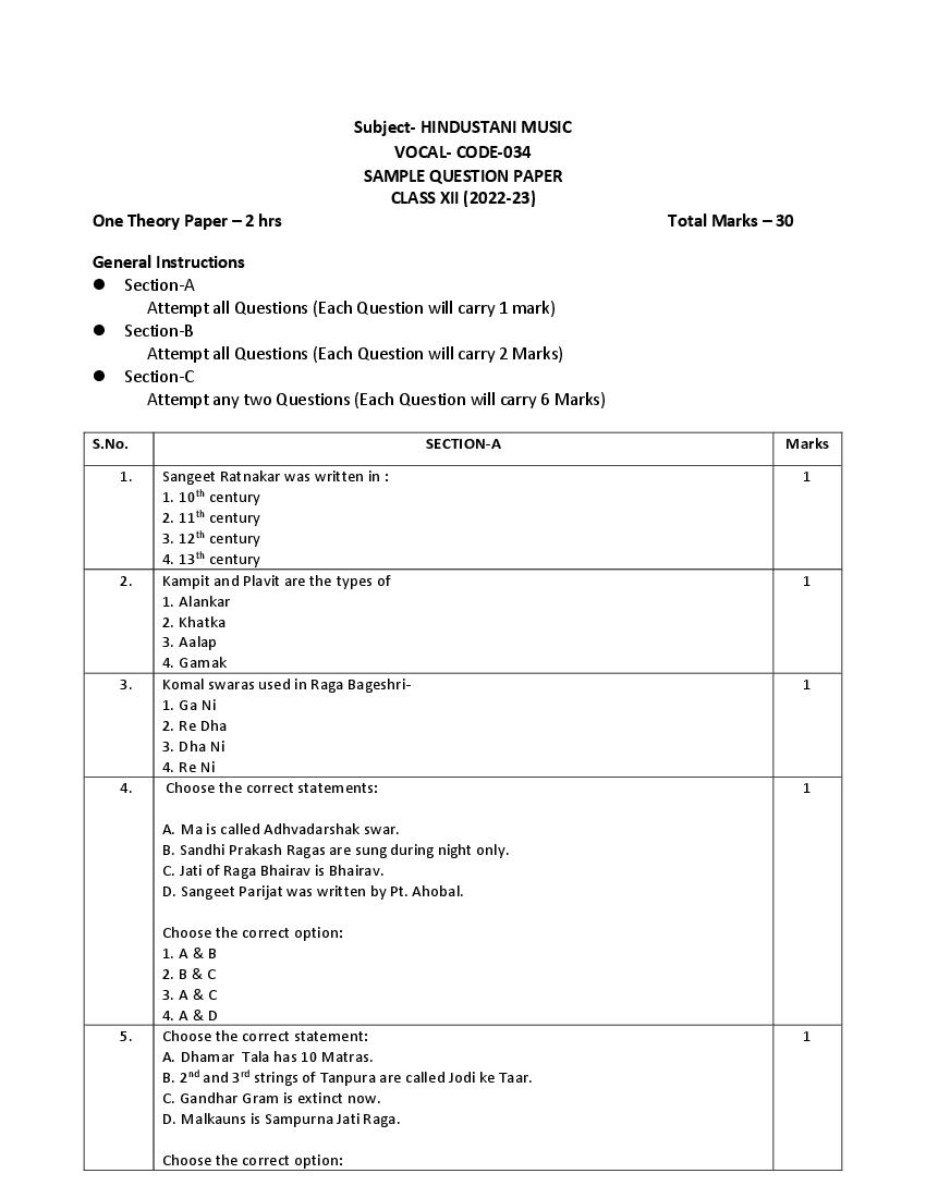 CBSE Class 12 Sample Paper 2023 Hindustani Music Vocal - Page 1