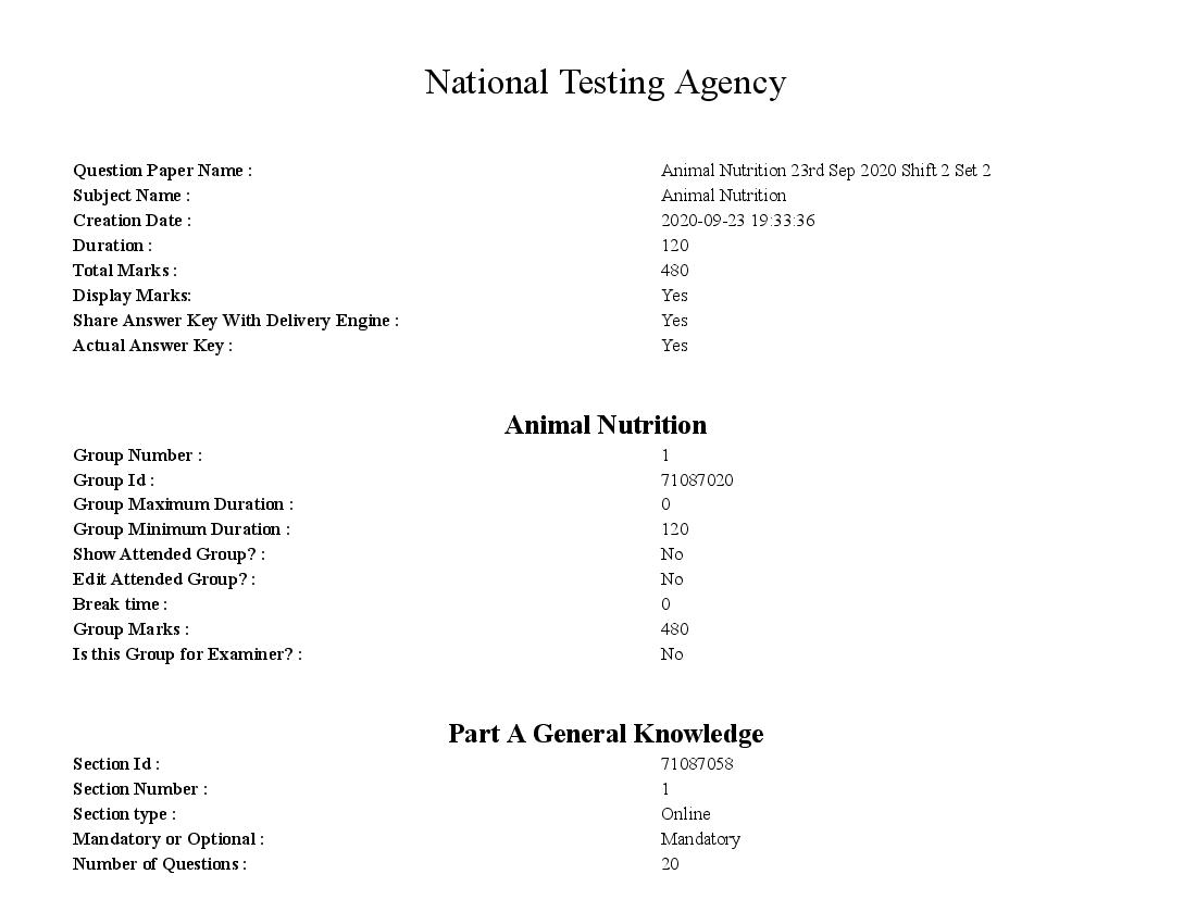 AICE JRF SRF 2020 Question Paper Animal Nutrition - Page 1 of 71