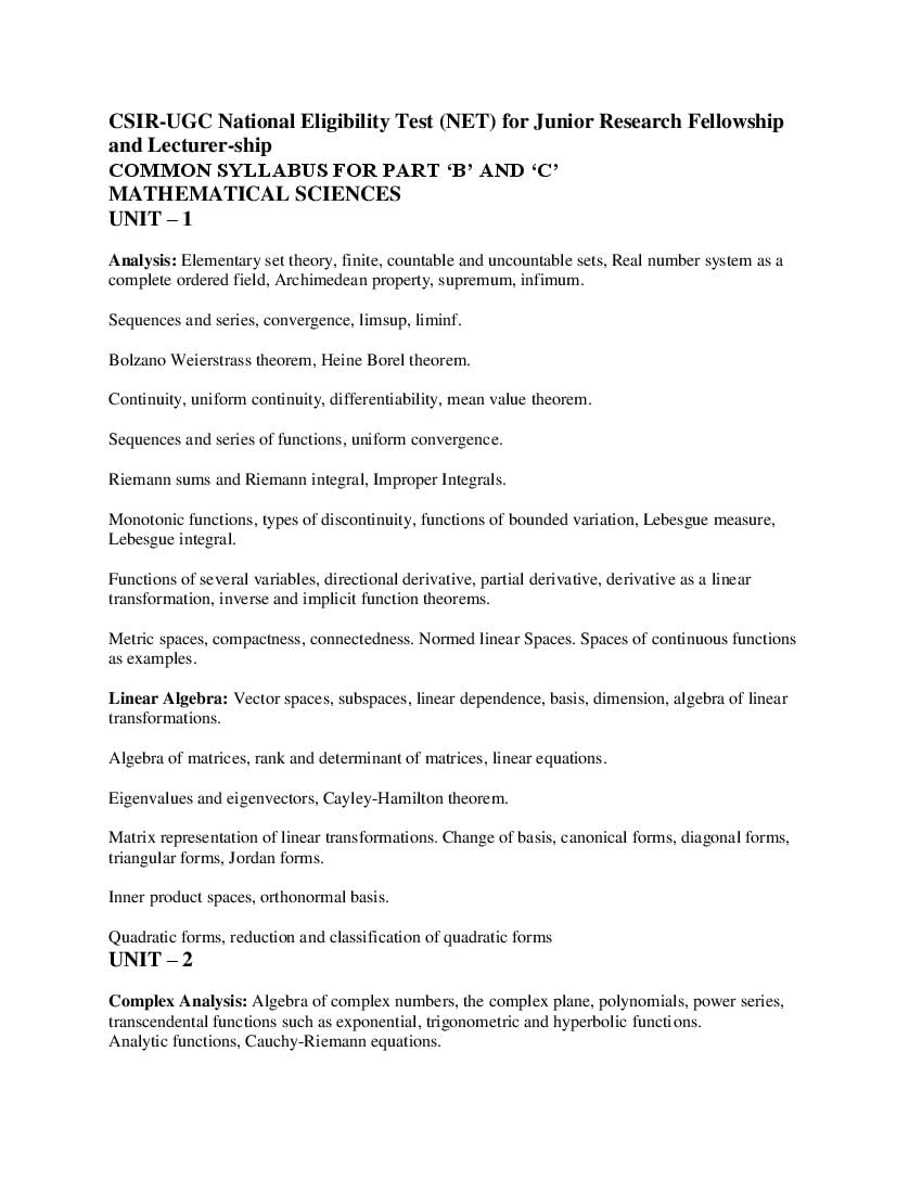 CSIR UGC NET syllabus for Mathematical Sciences - Page 1