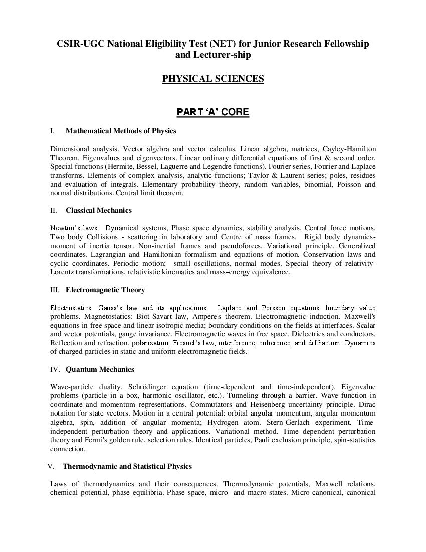 CSIR UGC NET syllabus for Physical Sciences - Page 1