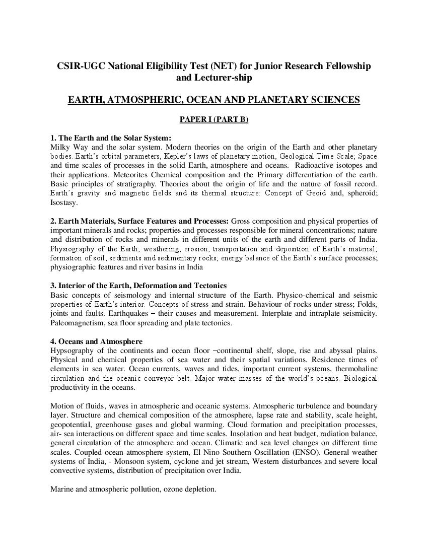 CSIR UGC NET syllabus for Earth Sciences - Page 1