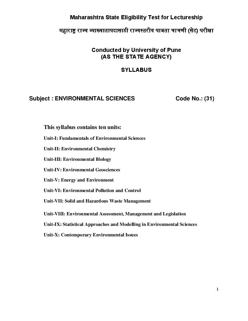 MAHA SET 2020 Syllabus Environmental Science - Page 1