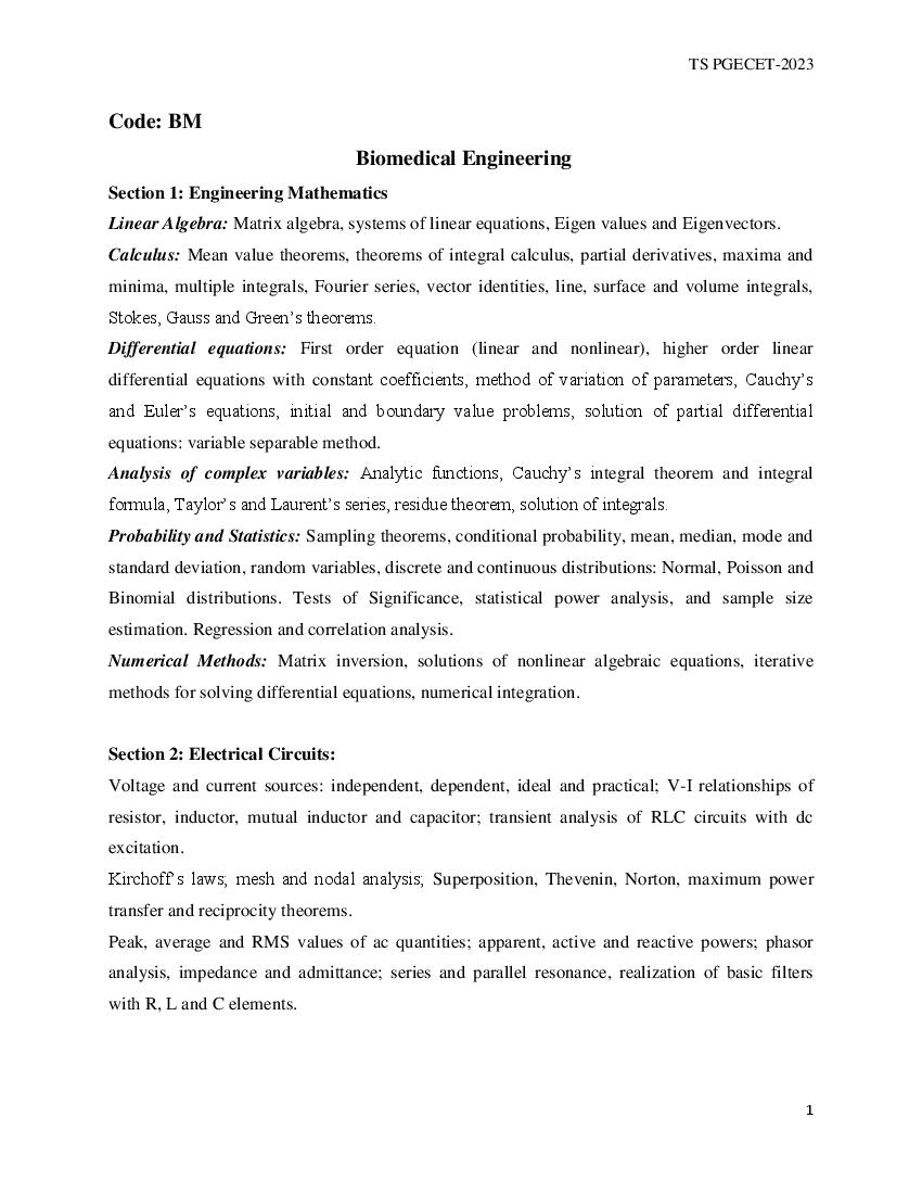 TS PGECET 2023 Syllabus Biomedical Engineering (BM) - Page 1