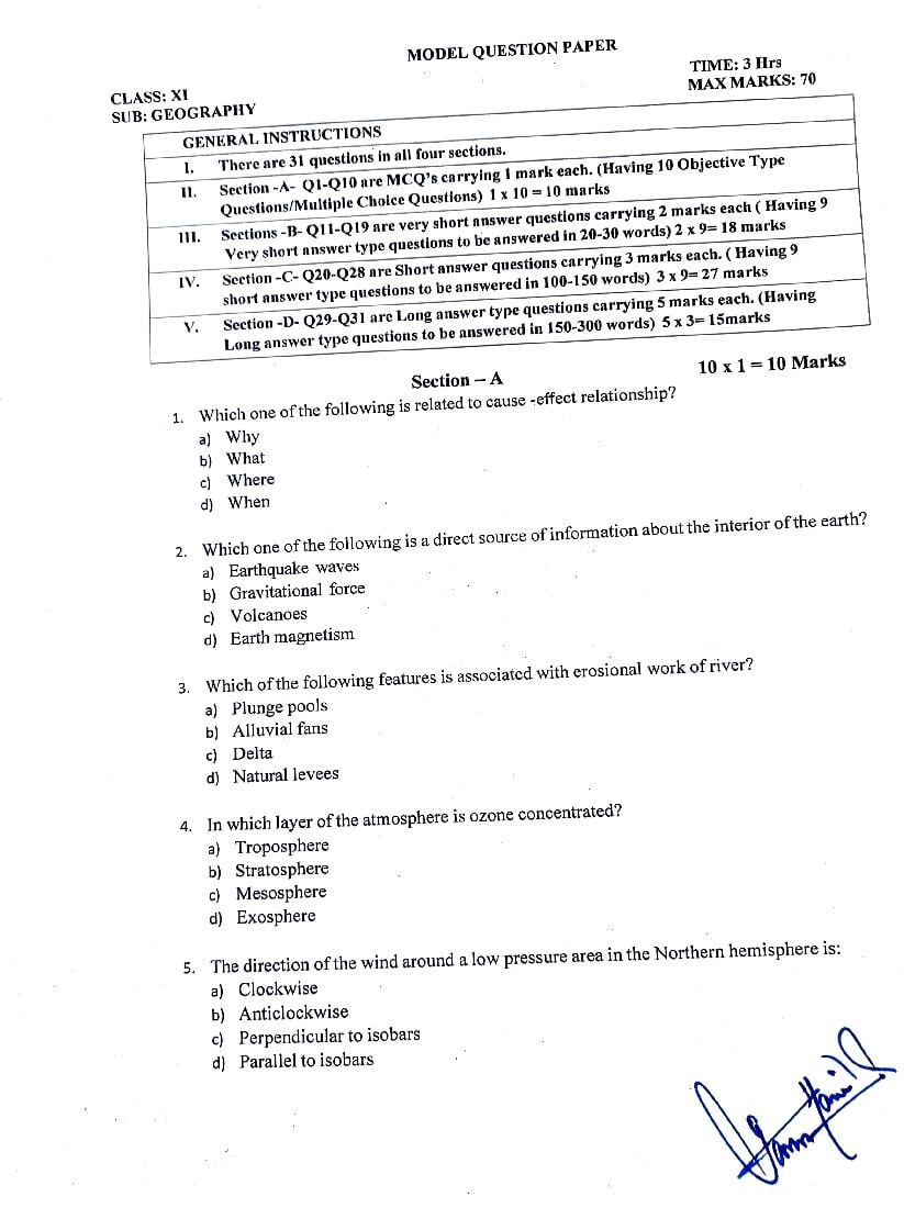 JKBOSE 11th Class Model Paper 2024 Geography - Page 1