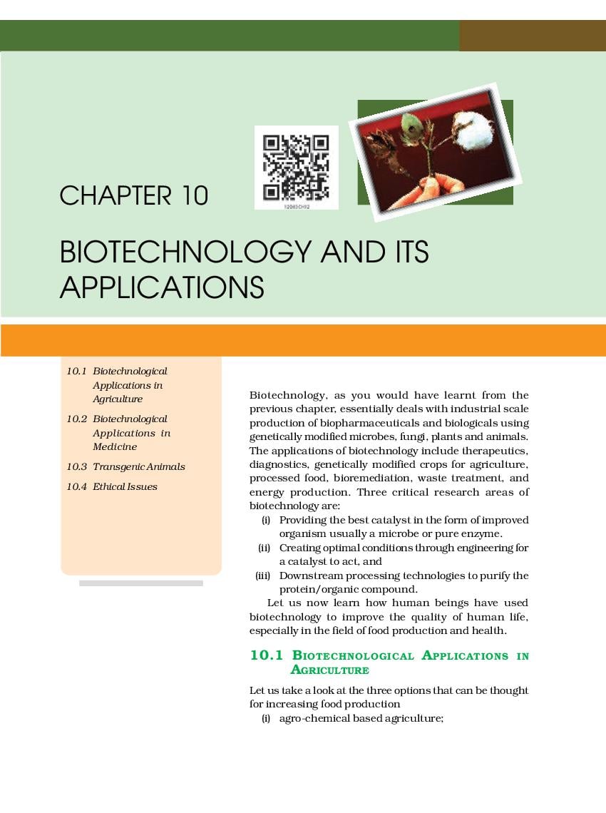 NCERT Book Class 12 Biology Chapter 10 Biotechnology and its Applications - Page 1
