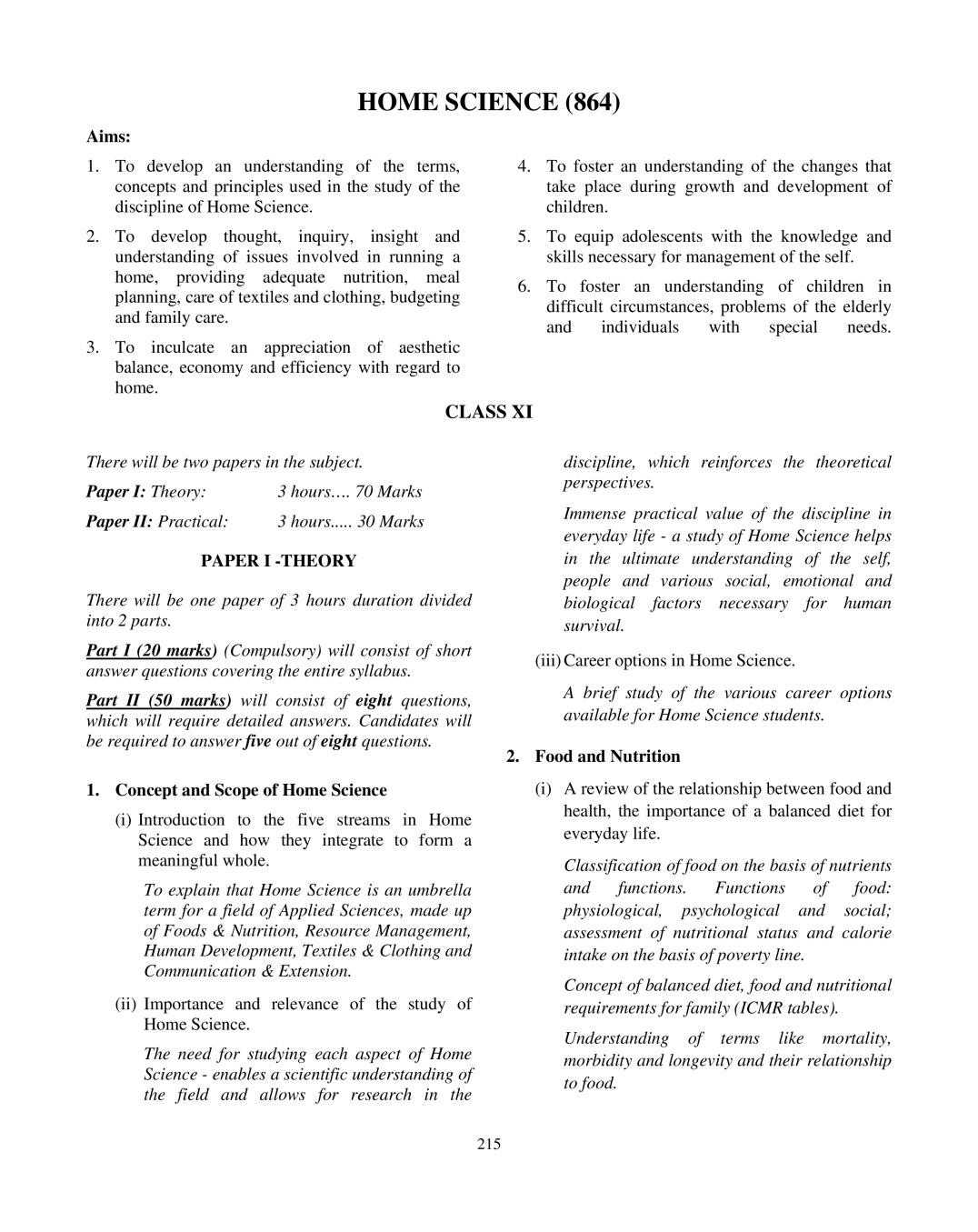 ISC Class 12 Home Science Syllabus 2020 - Page 1