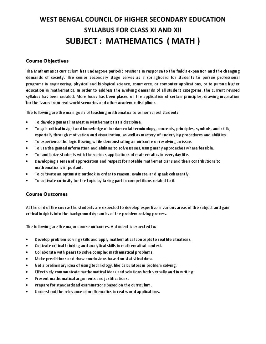 WBCHSE Class 11 Syllabus 2024 Maths - Page 1