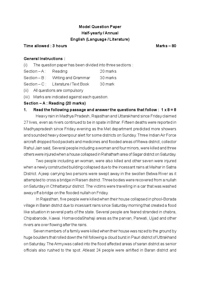 Tripura Board Model Question Paper for Class 9 English Annual Exam - Page 1