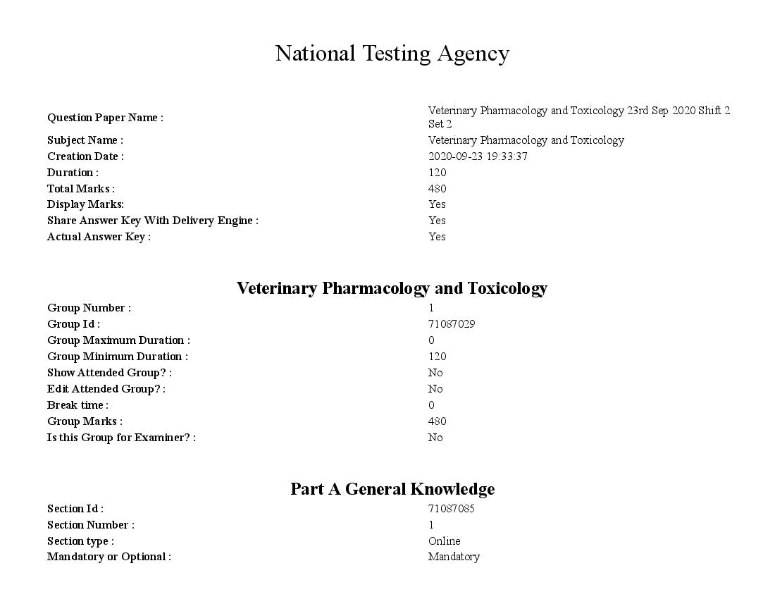 AICE JRF SRF 2020 Question Paper Veterinary Pharmacology and Toxicology - Page 1