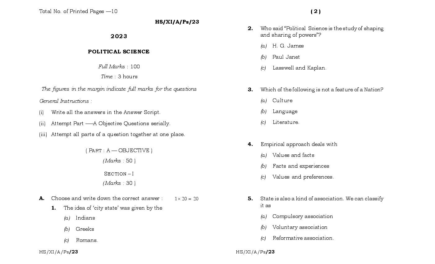 MBOSE Class 11 Question Paper 2023 for Political Science - Page 1