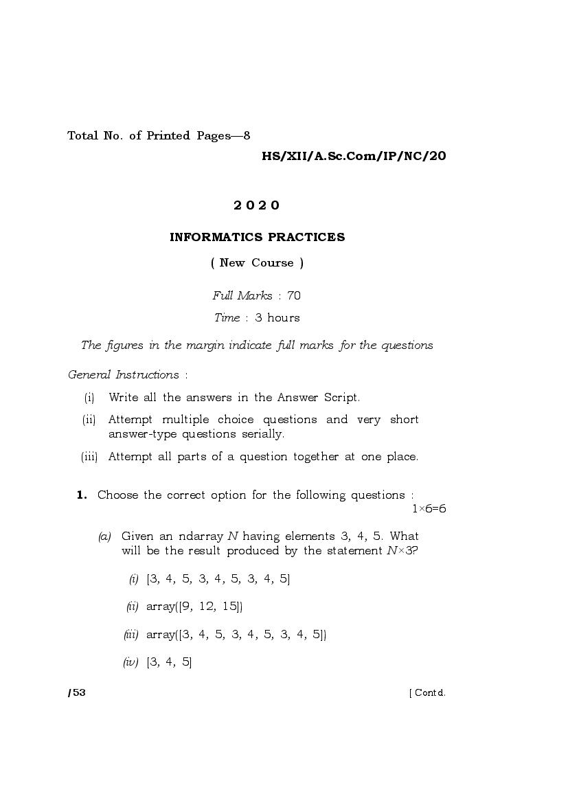 MBOSE Class 12 Question Paper 2020 for Informatics Practices New Course - Page 1