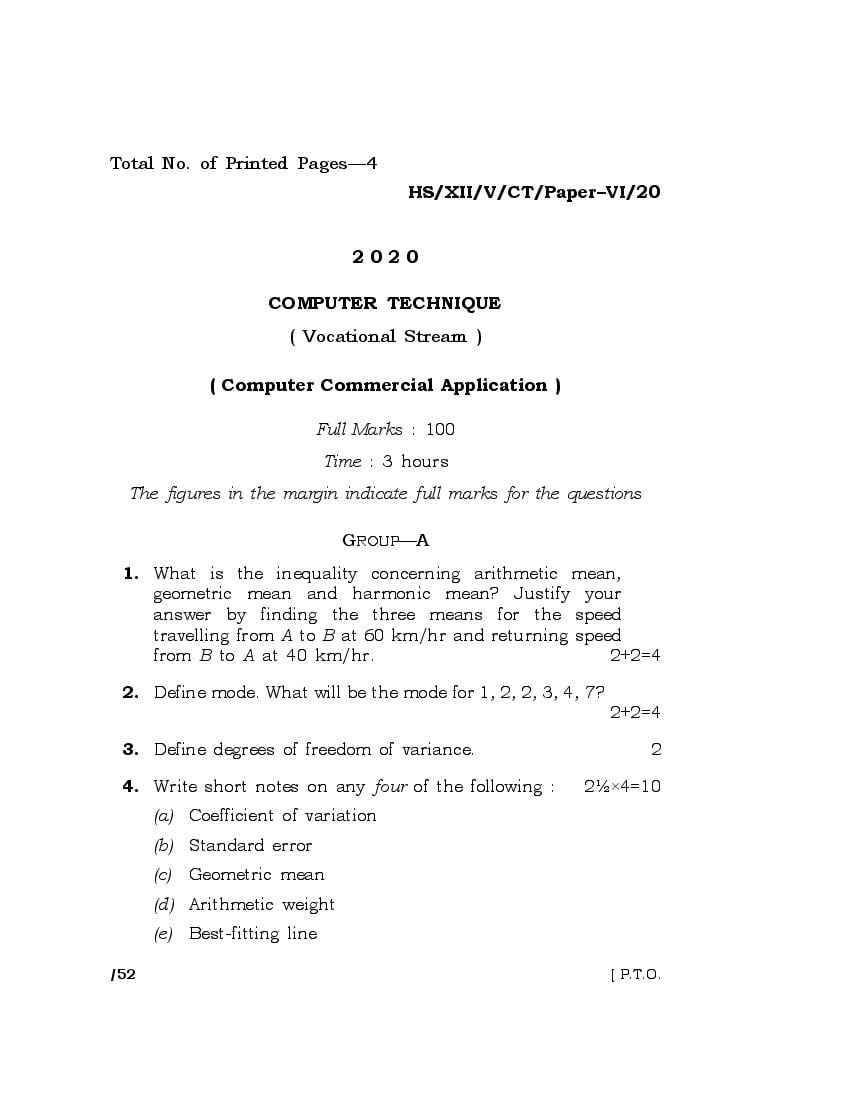 MBOSE Class 12 Question Paper 2020 for Computer Technique Paper VI - Page 1
