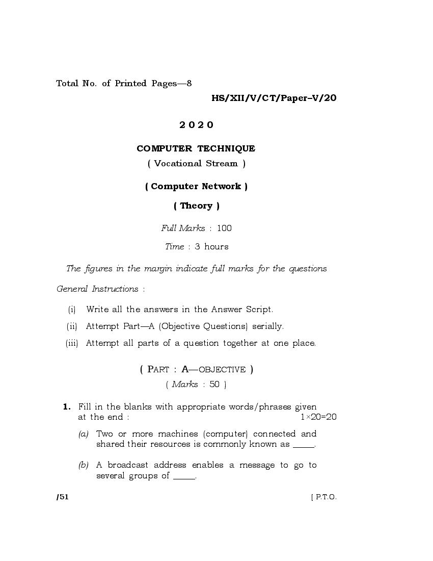 MBOSE Class 12 Question Paper 2020 for Computer Technique Paper V - Page 1