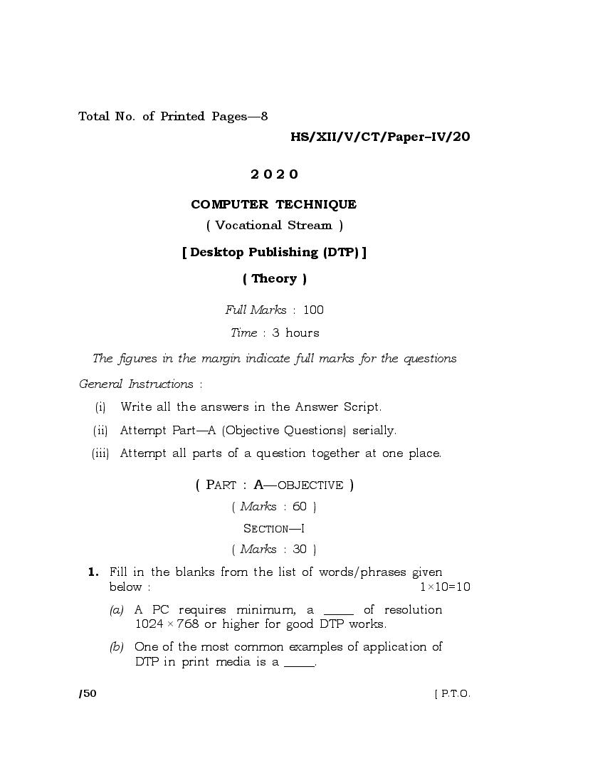 MBOSE Class 12 Question Paper 2020 for Computer Technique Paper IV - Page 1