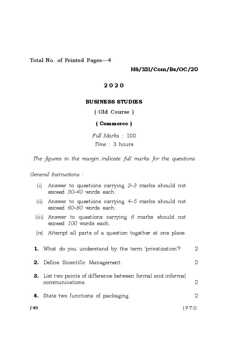 MBOSE Class 12 Question Paper 2020 for Business Studies Old Course - Page 1