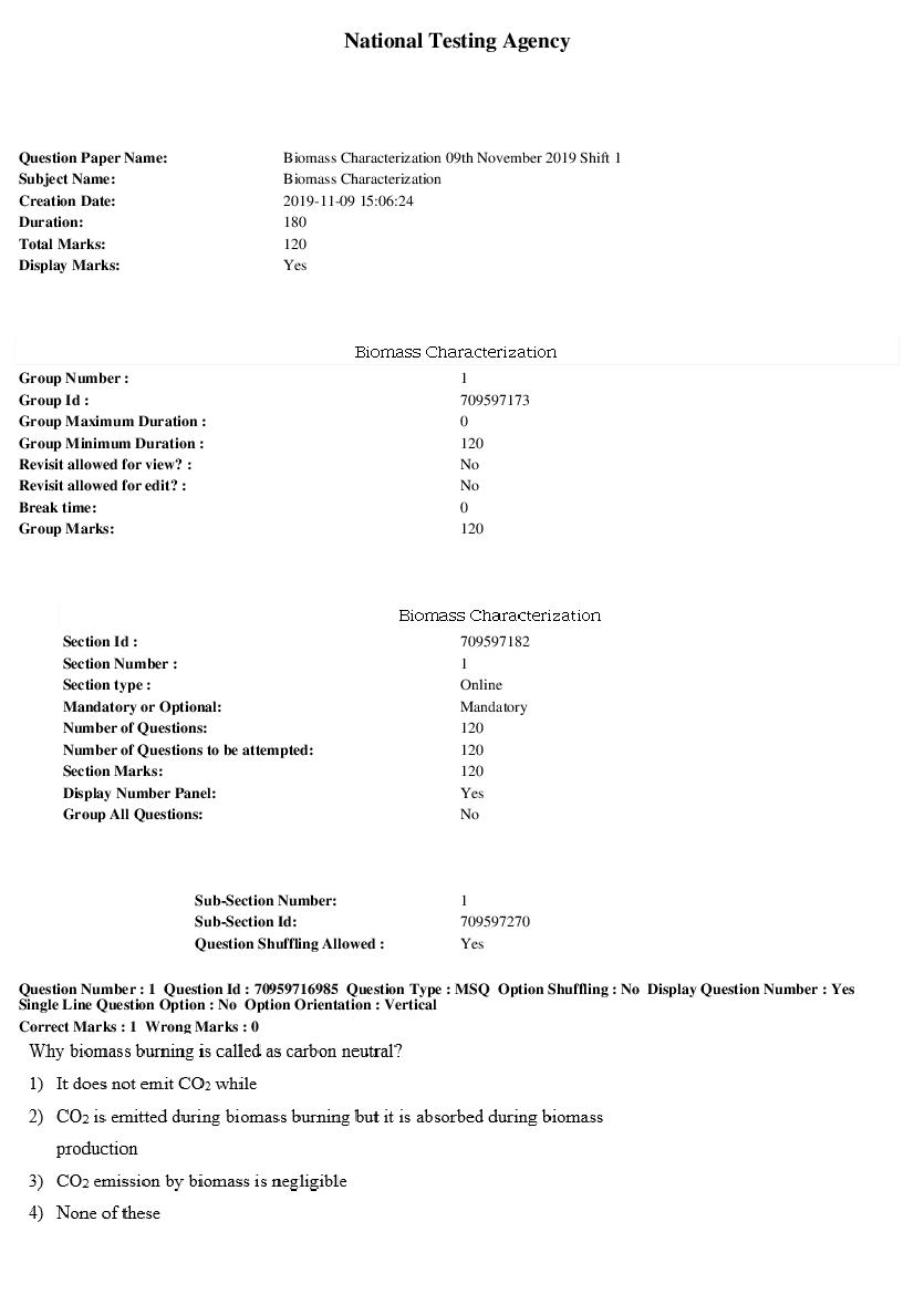SWAYAM 2019 Question Paper Biomass Characterization - Page 1 of 26