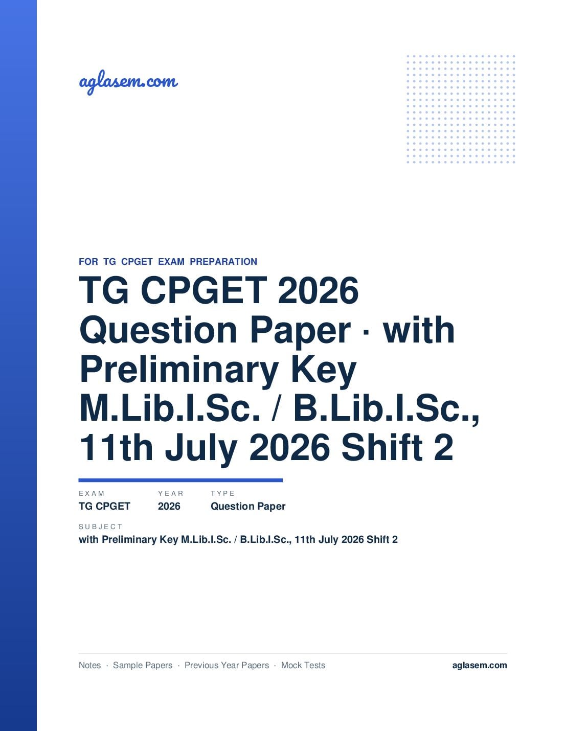 TG CPGET 2026 Question Paper with Preliminary Key M.Lib.I.Sc. / B.Lib.I.Sc., 11th July 2026 Shift 2 - Page 1 of 27