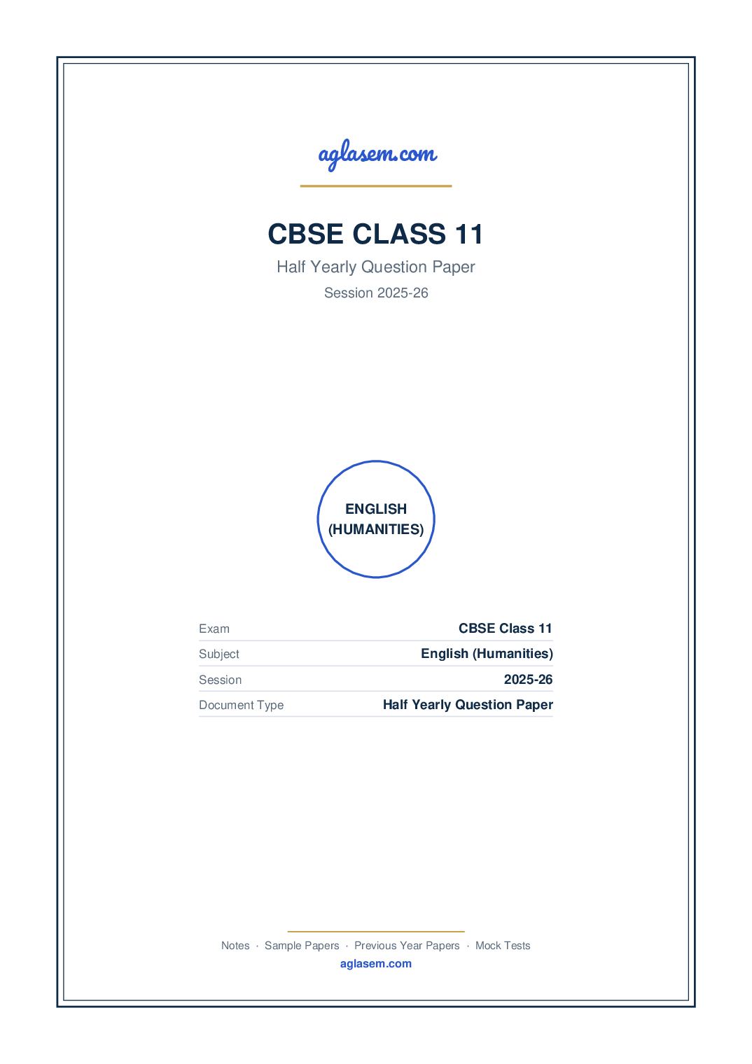 Class 11 Half Yearly Question Paper 2025-26 English (Humanities) - Page 1 of 13
