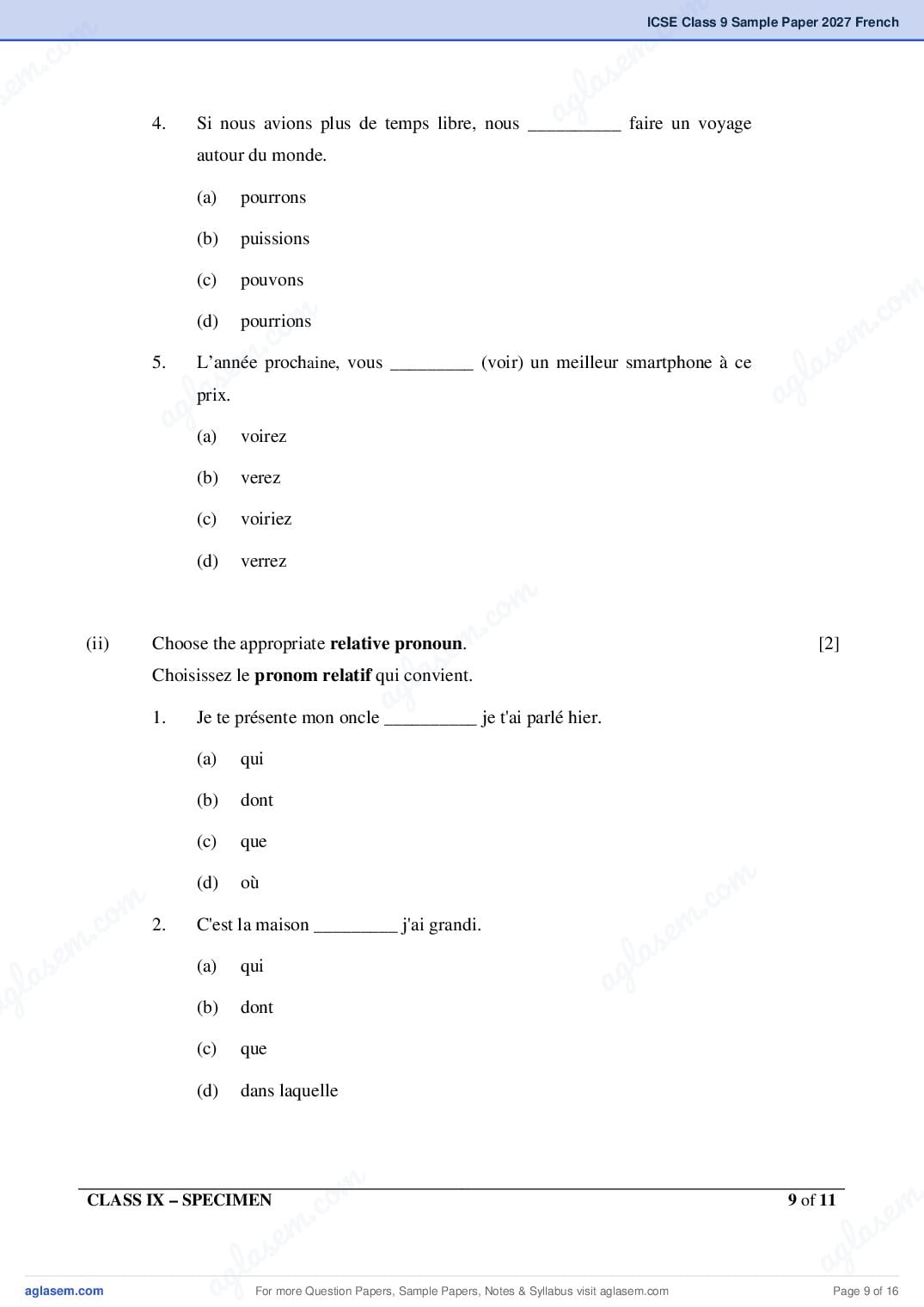 ICSE Class 9 French Specimen Paper 2027 (PDF)