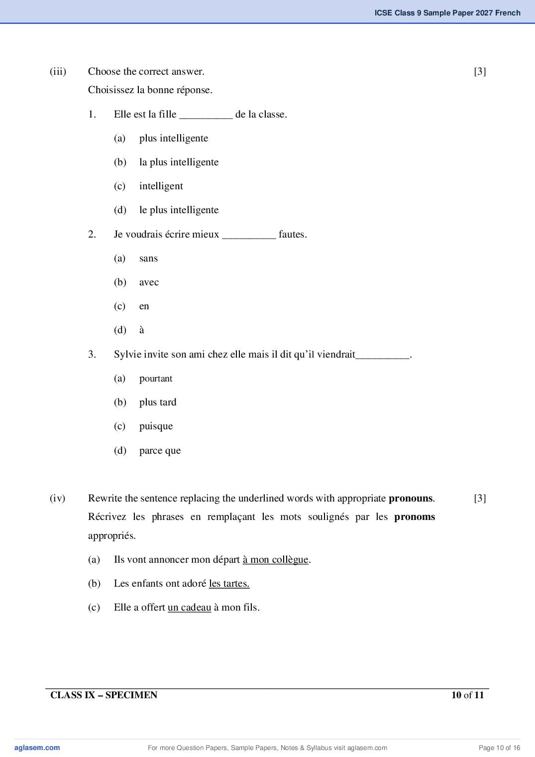 ICSE Class 9 French Specimen Paper 2027 (PDF)