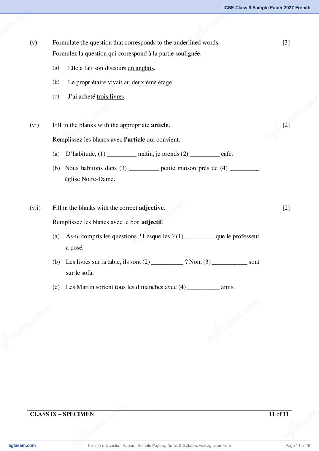 ICSE Class 9 French Specimen Paper 2027 (PDF)