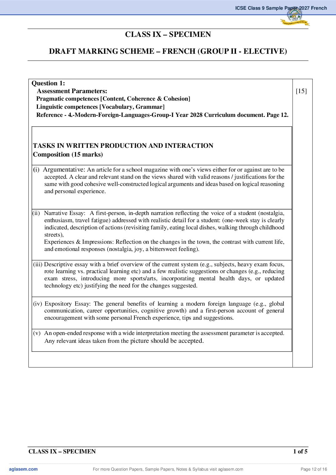 ICSE Class 9 French Specimen Paper 2027 (PDF)
