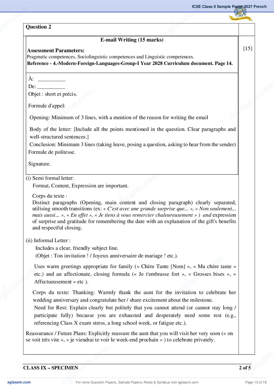 ICSE Class 9 French Specimen Paper 2027 (PDF)