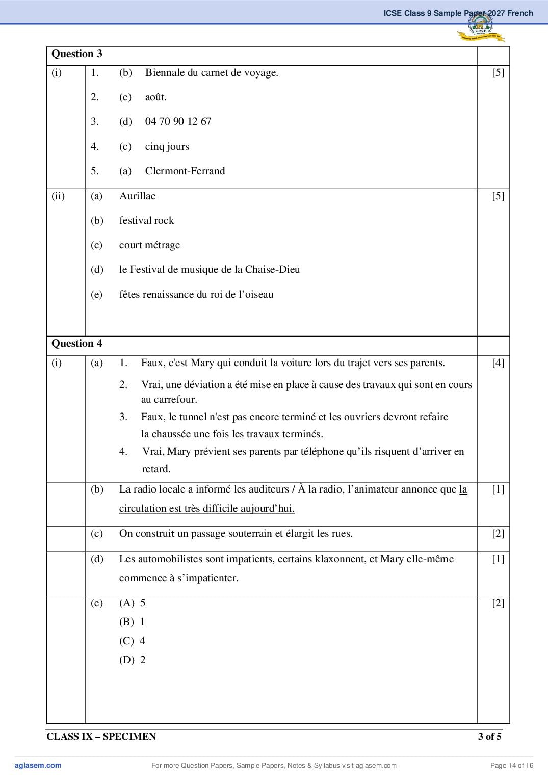ICSE Class 9 French Specimen Paper 2027 (PDF)