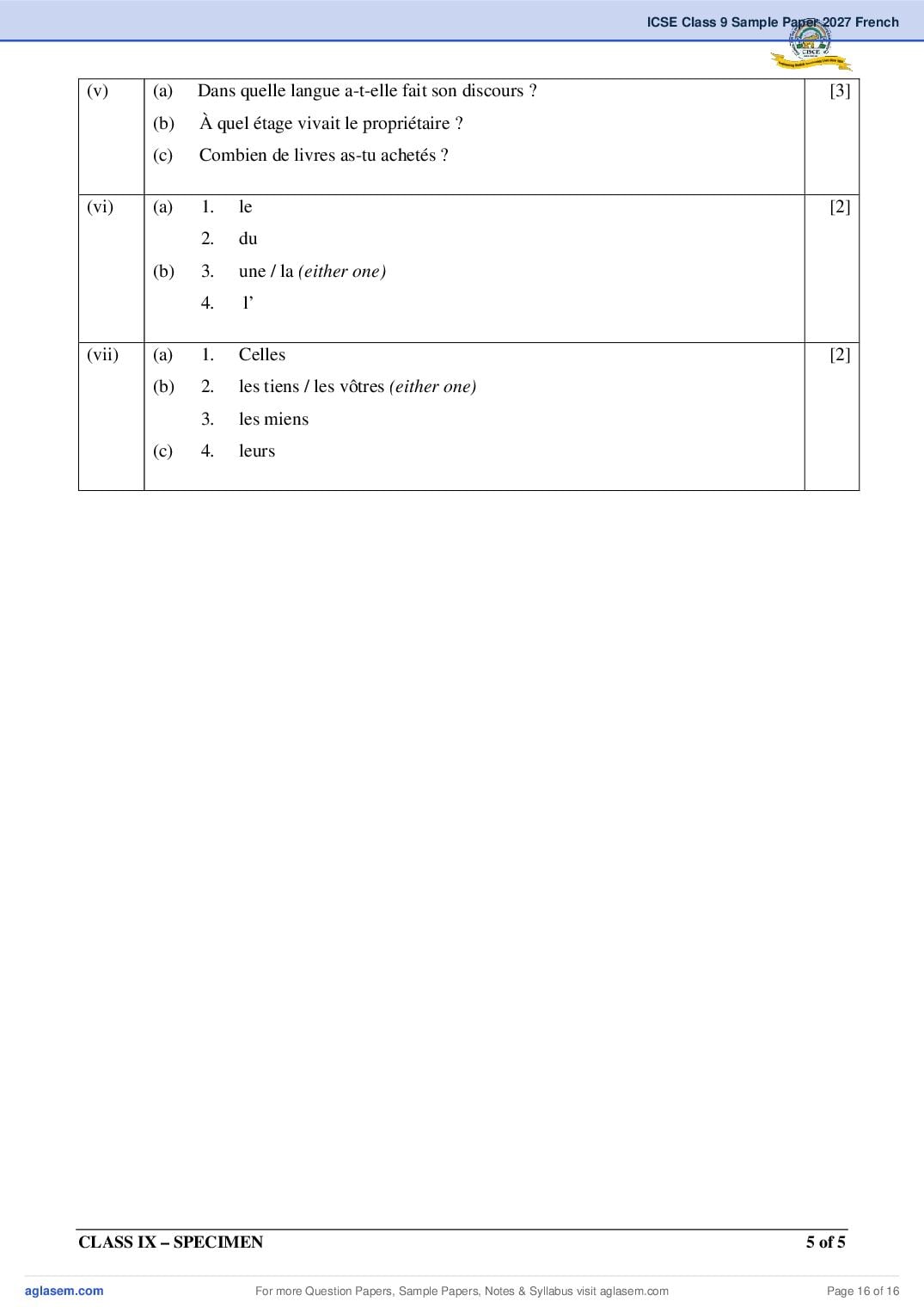 ICSE Class 9 French Specimen Paper 2027 (PDF)
