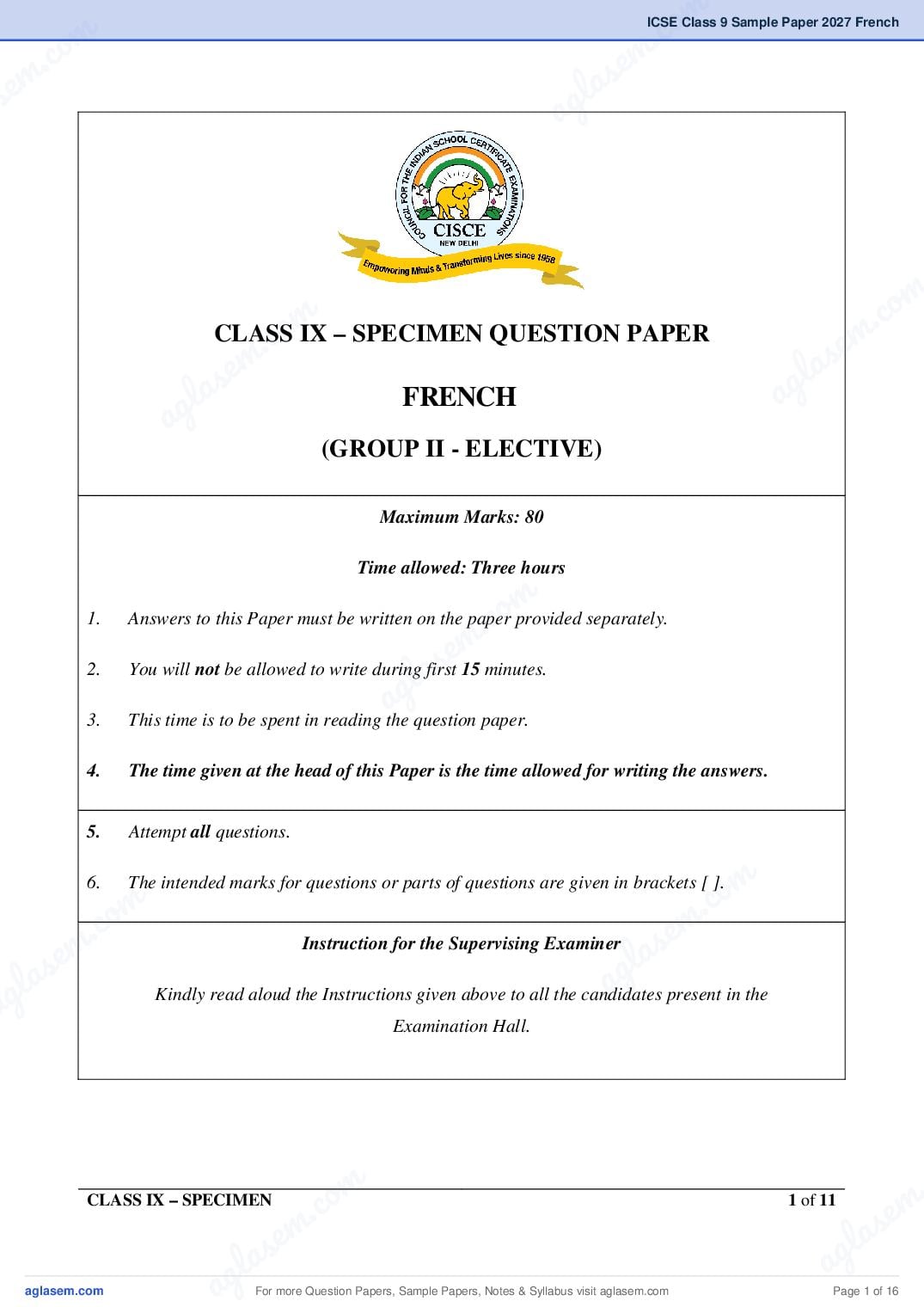 ICSE Class 9 French Specimen Paper 2027 (PDF)
