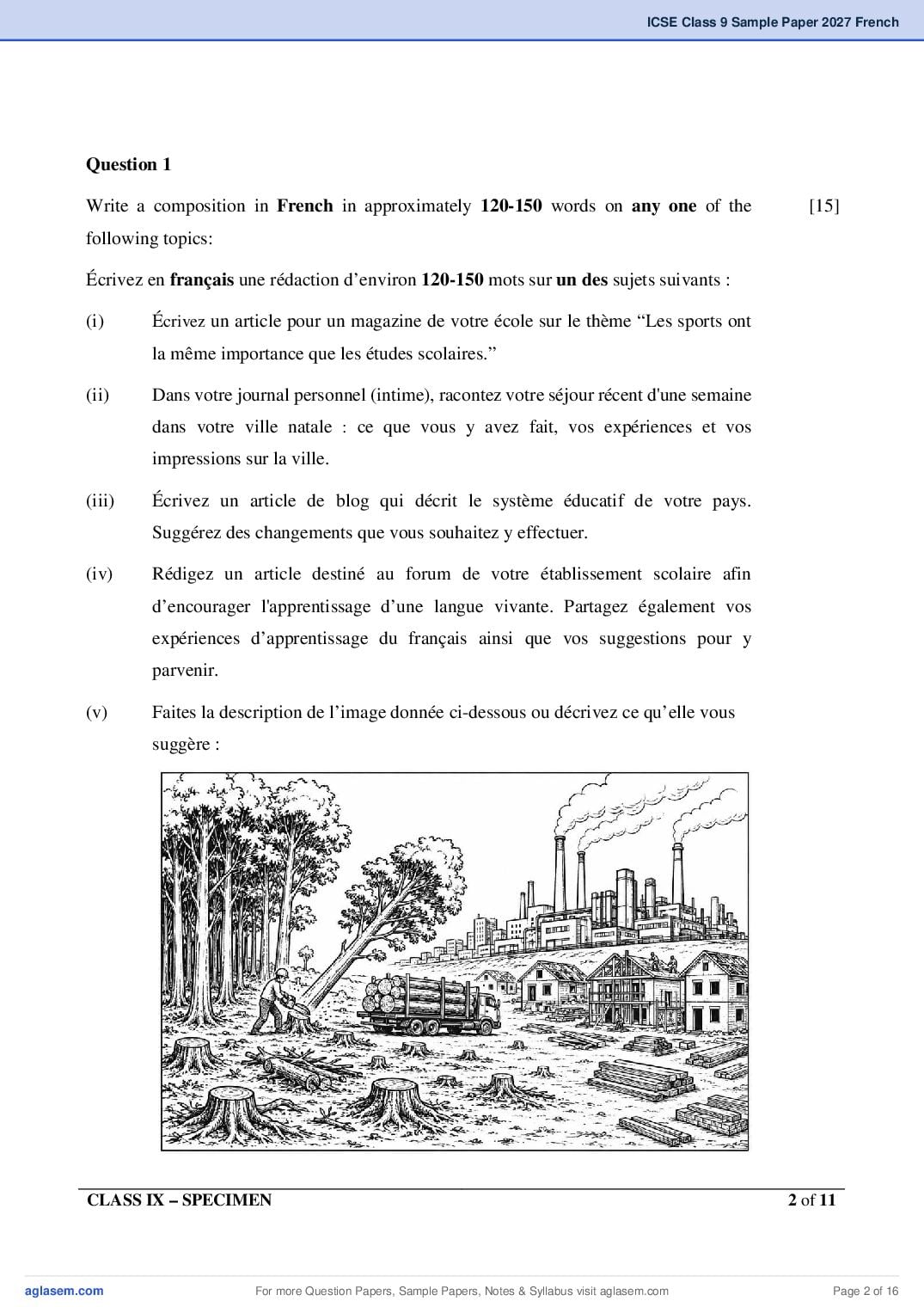 ICSE Class 9 French Specimen Paper 2027 (PDF)