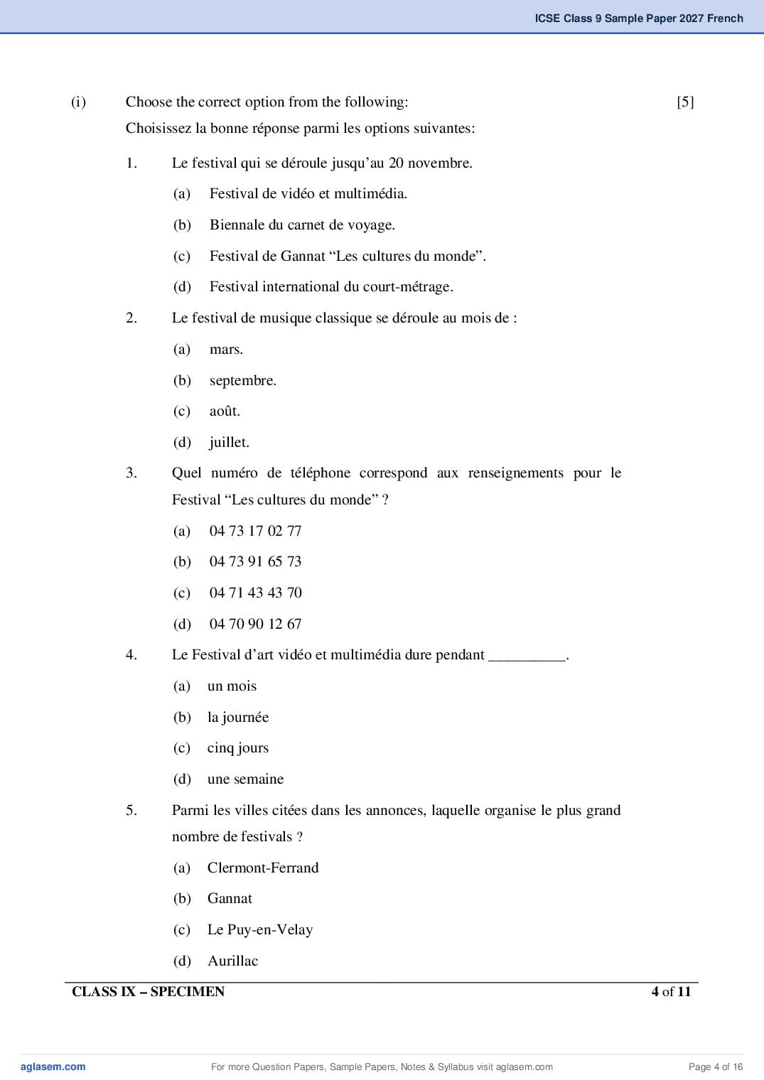 ICSE Class 9 French Specimen Paper 2027 (PDF)